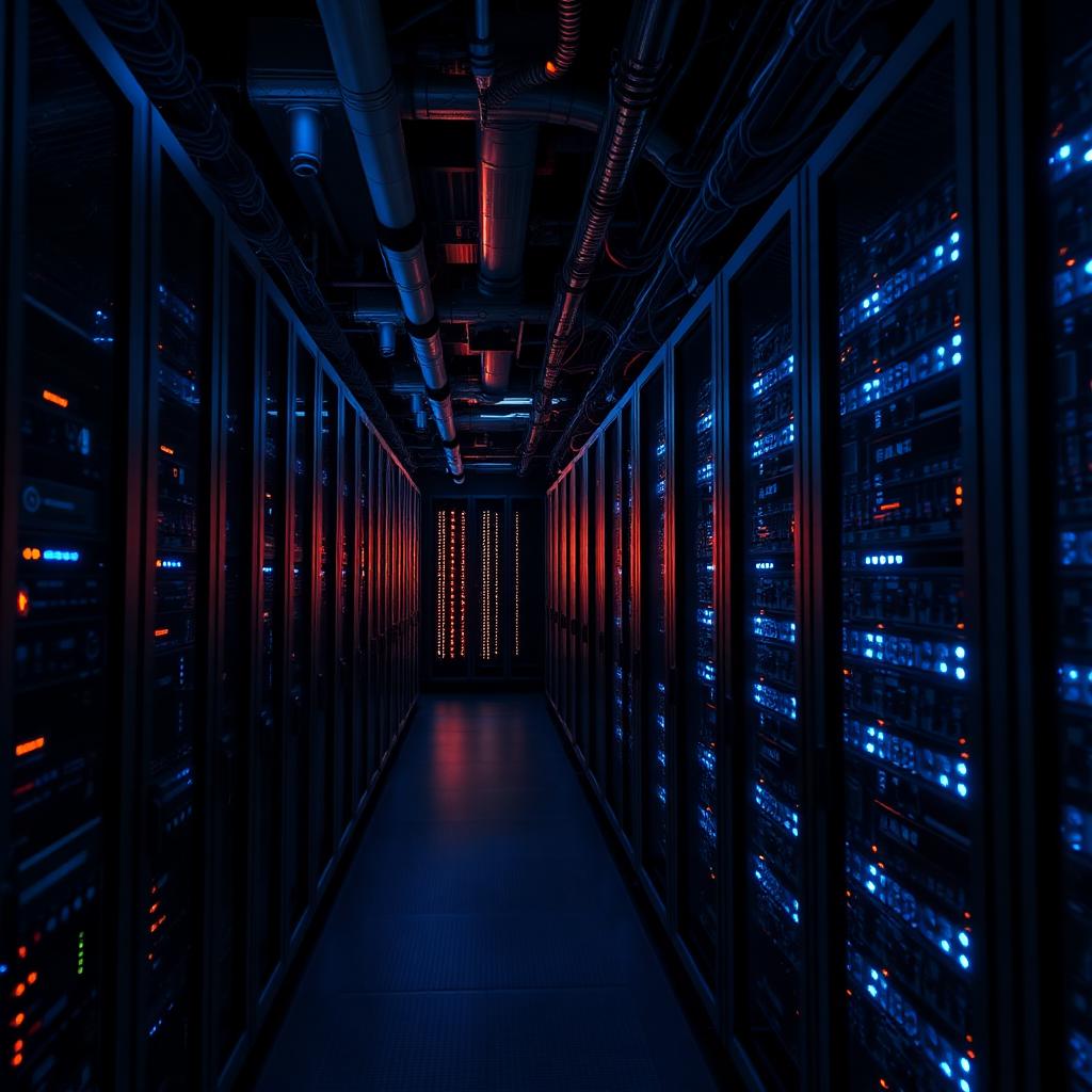 High-density GPU server racks in a modern data center with blue and amber LED lighting