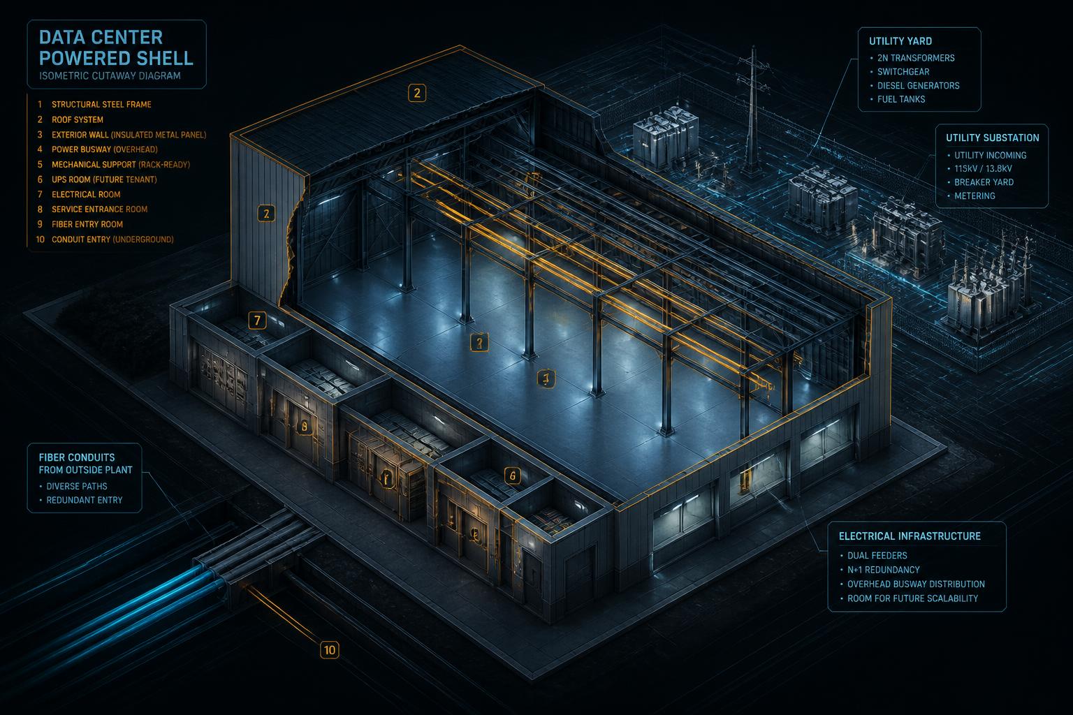 Diagram of a powered shell data center with utility infrastructure