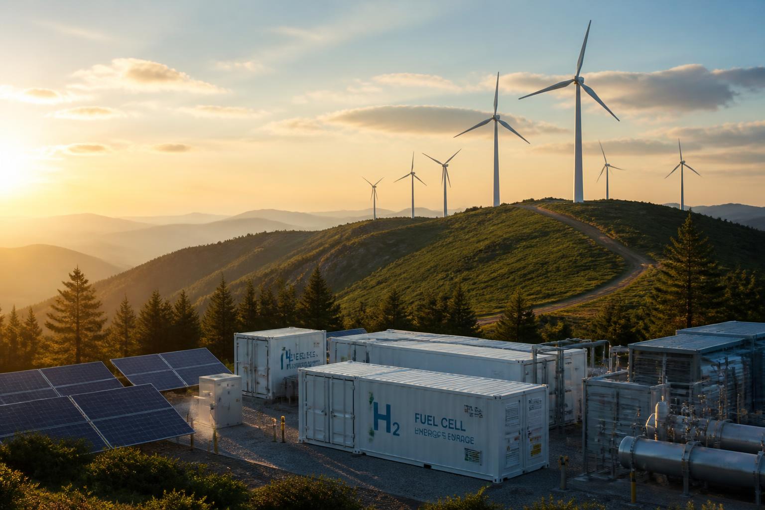 Wind turbines, solar panels, and hydrogen fuel cell installations at a clean energy site